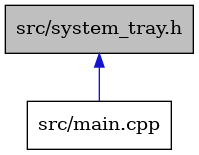 digraph {
    graph [bgcolor="#00000000"]
    node [shape=rectangle style=filled fillcolor="#FFFFFF" font=Helvetica padding=2]
    edge [color="#1414CE"]
    "2" [label="src/main.cpp" tooltip="src/main.cpp"]
    "1" [label="src/system_tray.h" tooltip="src/system_tray.h" fillcolor="#BFBFBF"]
    "1" -> "2" [dir=back tooltip="include"]
}