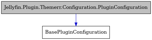 digraph {
    graph [bgcolor="#00000000"]
    node [shape=rectangle style=filled fillcolor="#FFFFFF" font=Helvetica padding=2]
    edge [color="#1414CE"]
    "2" [label="BasePluginConfiguration" tooltip="BasePluginConfiguration"]
    "1" [label="Jellyfin.Plugin.Themerr.Configuration.PluginConfiguration" tooltip="Jellyfin.Plugin.Themerr.Configuration.PluginConfiguration" fillcolor="#BFBFBF"]
    "1" -> "2" [dir=forward tooltip="public-inheritance"]
}